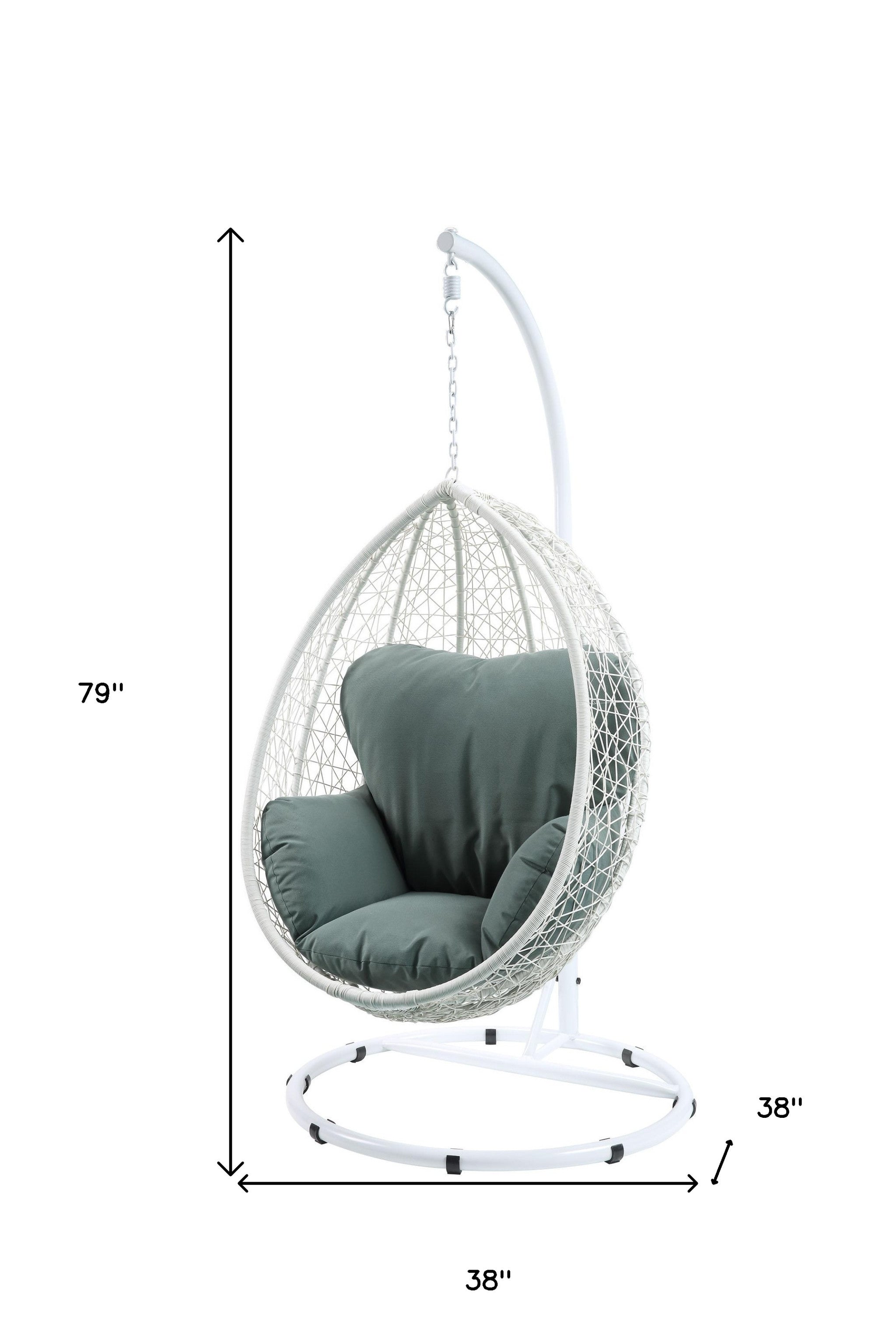 38" White Metal Swing Chair With Green Cushion