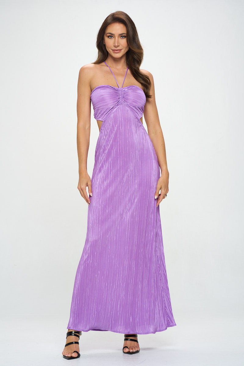 Plisse Halter neck Maxi Cutout Dress with Open Back-0