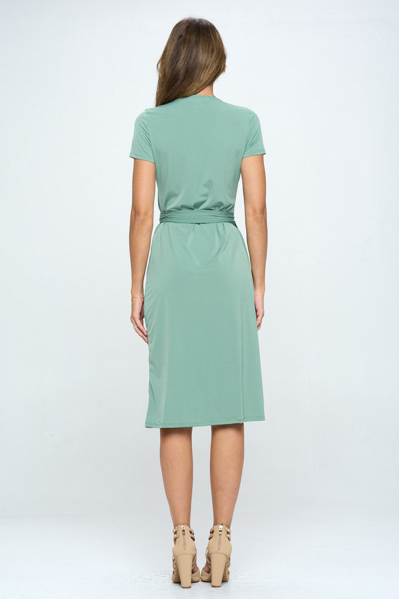 Solid V neck Wrap Dress with Tie-4