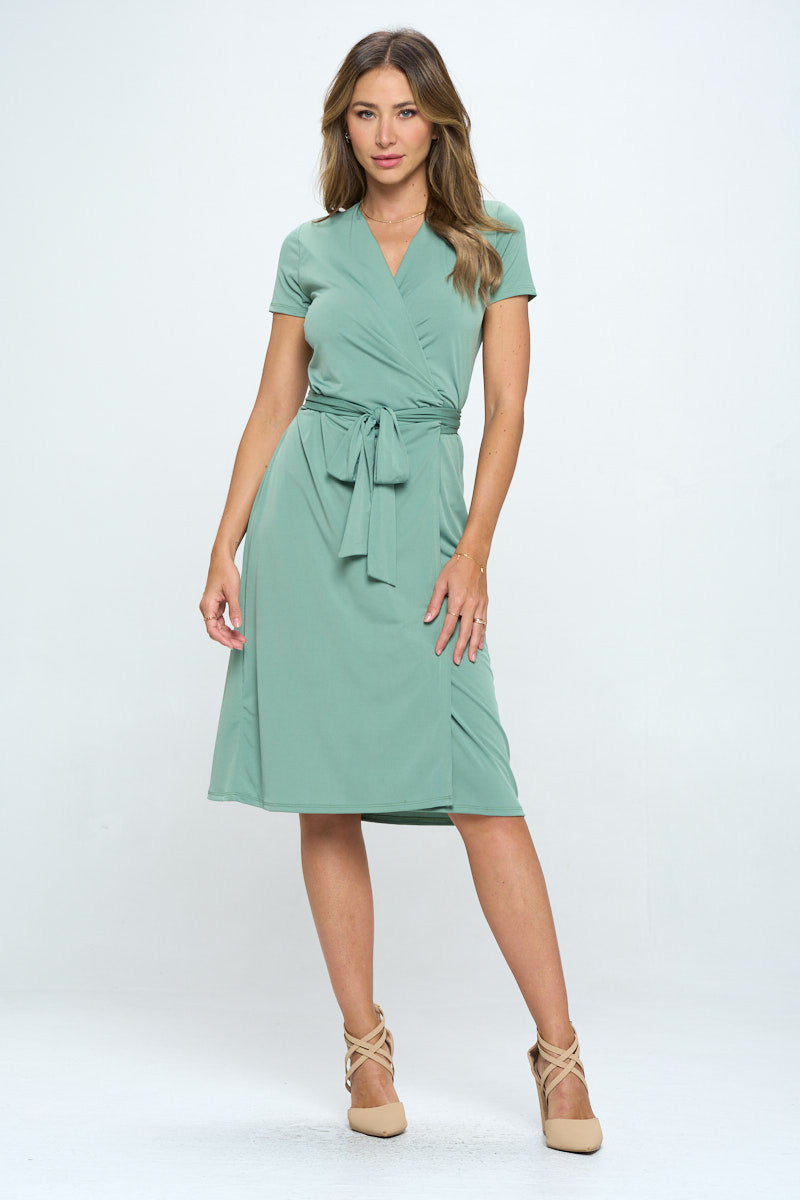 Solid V neck Wrap Dress with Tie-1