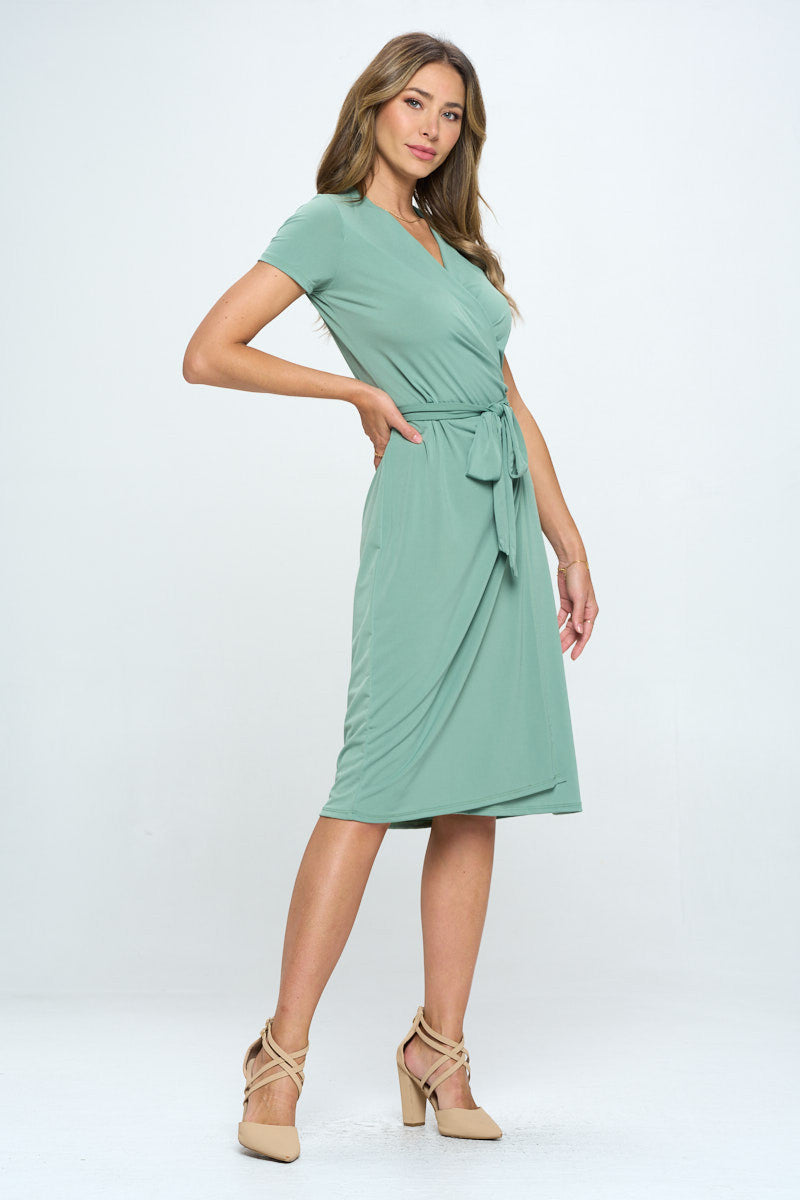 Solid V neck Wrap Dress with Tie-3