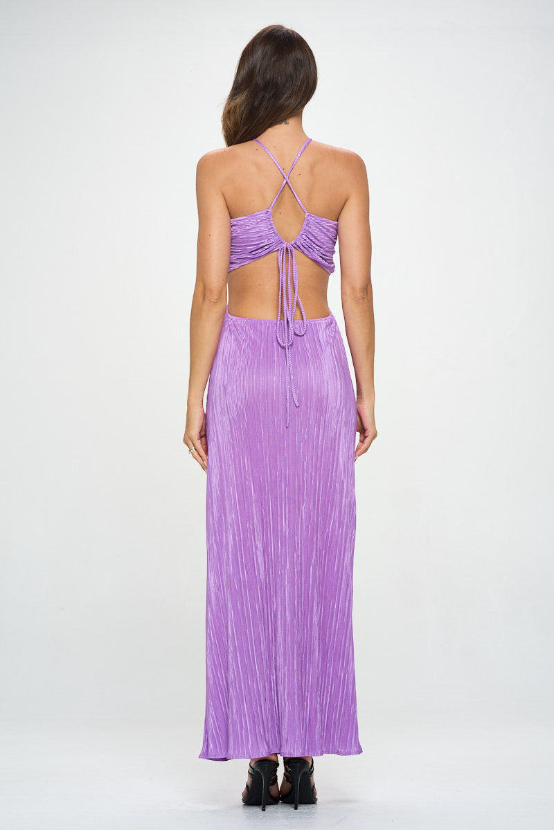 Plisse Halter neck Maxi Cutout Dress with Open Back-3